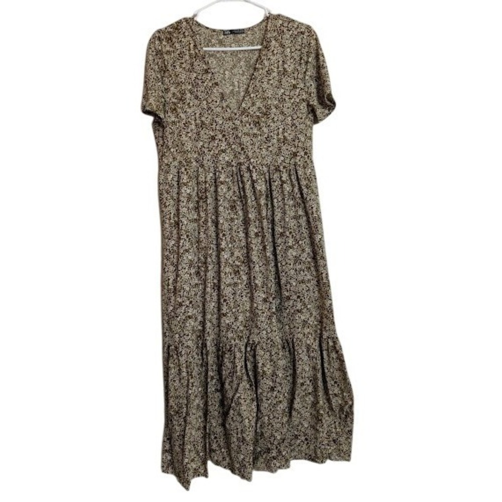 Zara Midi Dress Womens Small Tan White Floral V-Neck Short Sleeve Tiered Boho